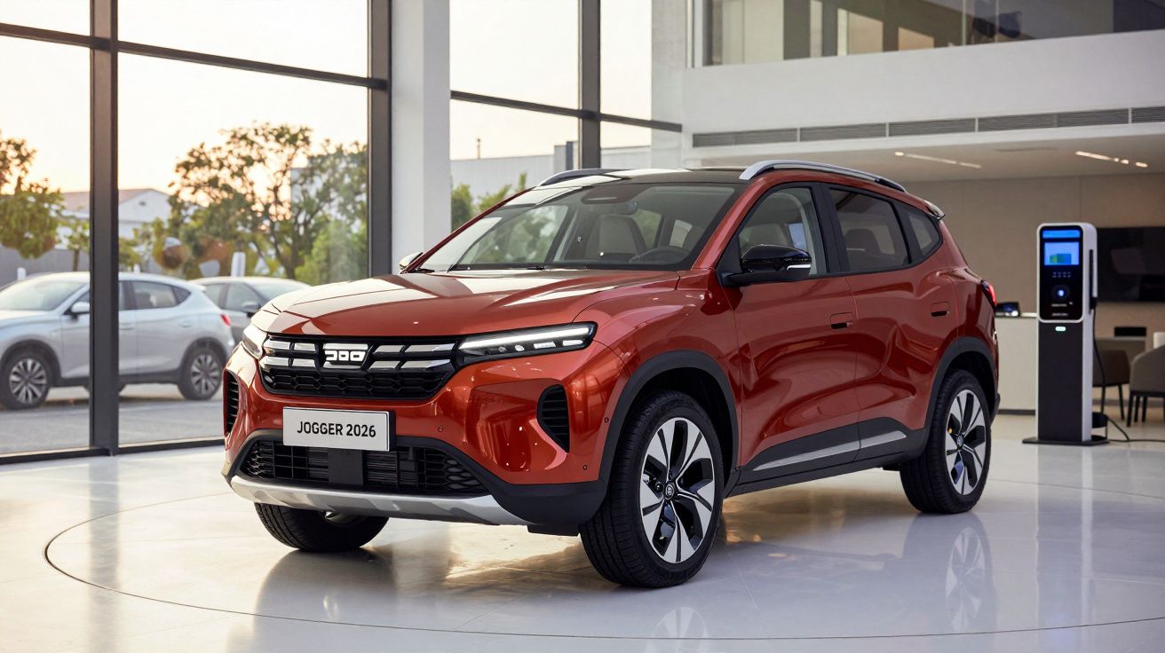 Carro SUV vermelho Dacia Jogger 2026 estacionado dentro de um salão moderno com janelas grandes.