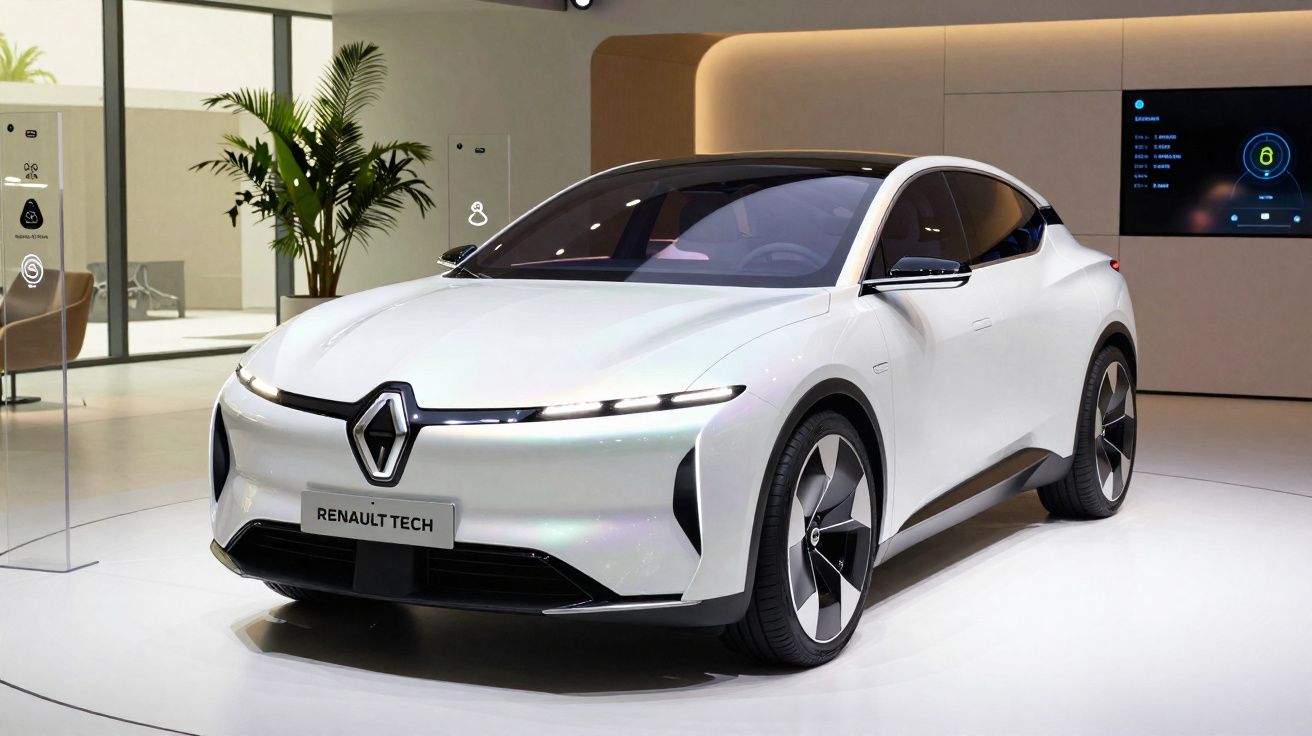 Carro elétrico branco Renault Tech exposto em ambiente moderno, com design futurista e linhas aerodinâmicas.