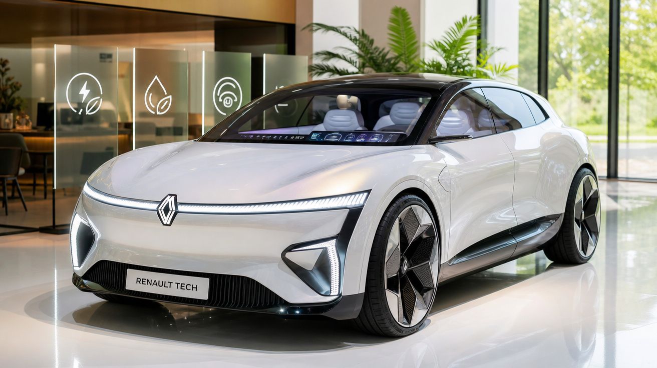 Carro elétrico concept car Renault Tech branco com design futurista em exposição interior moderna.