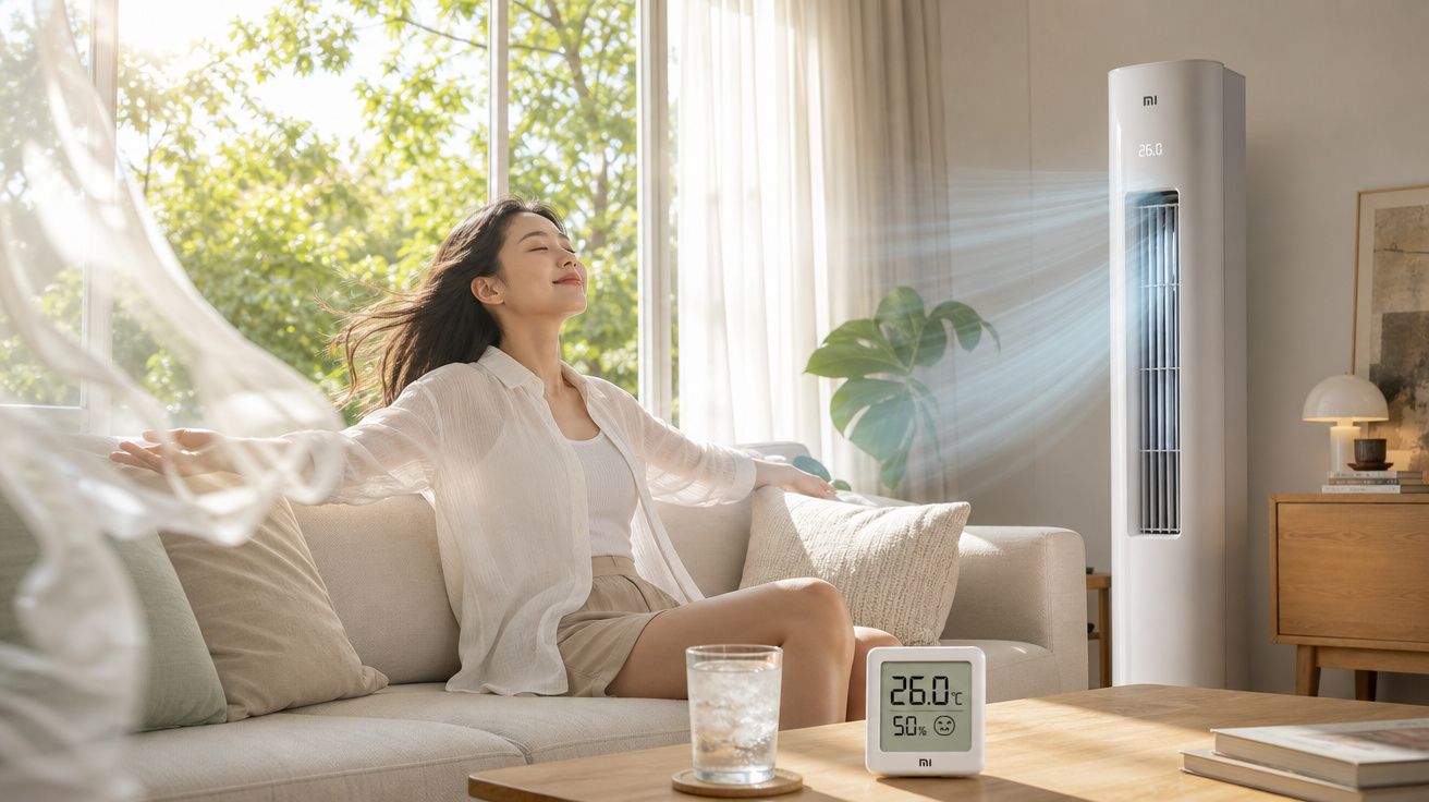 Mulher relaxa num sofá arejado com ar condicionado ligado e termómetro que marca 26 °C e 50% humidade.