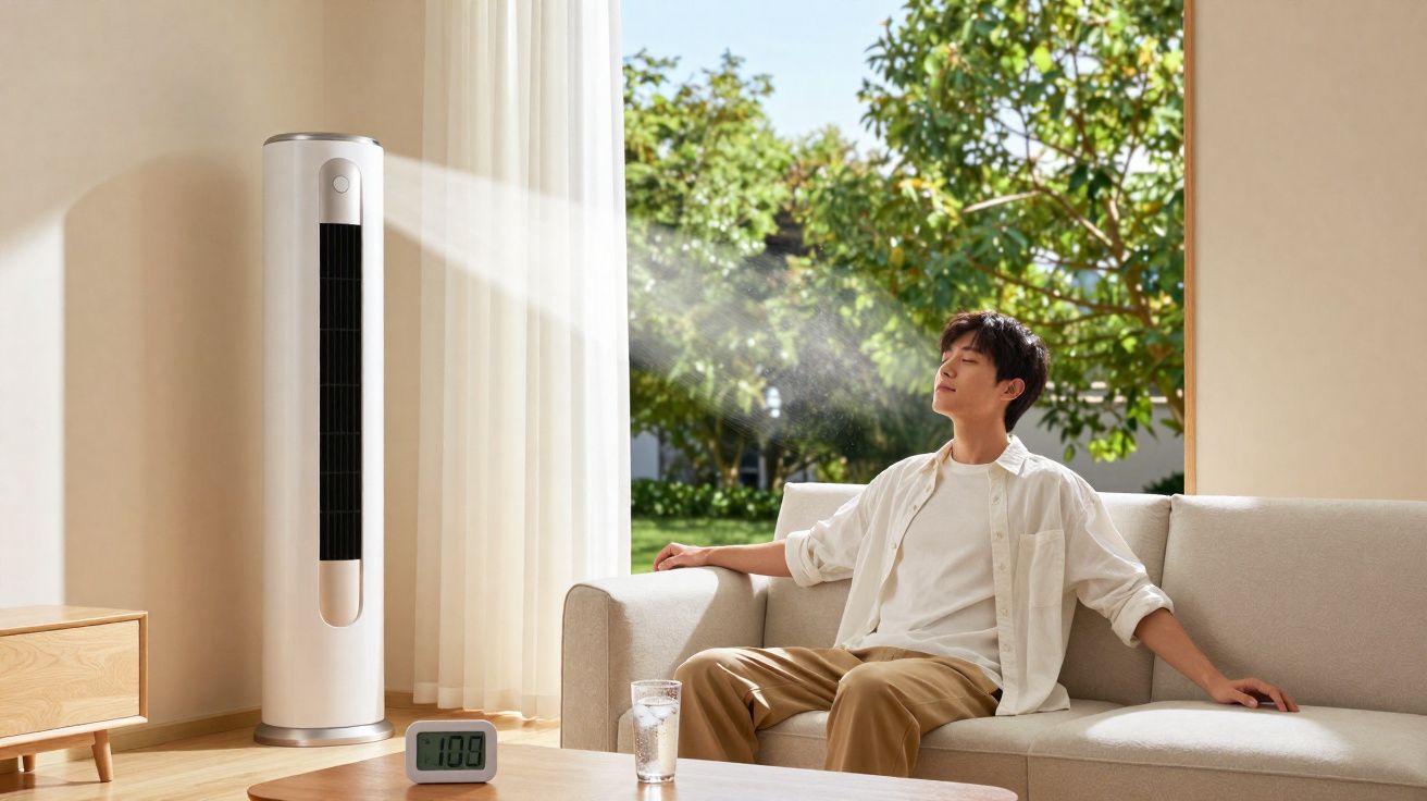 Homem relaxa no sofá enquanto uma coluna de ar condicionado o refresca numa sala iluminada.