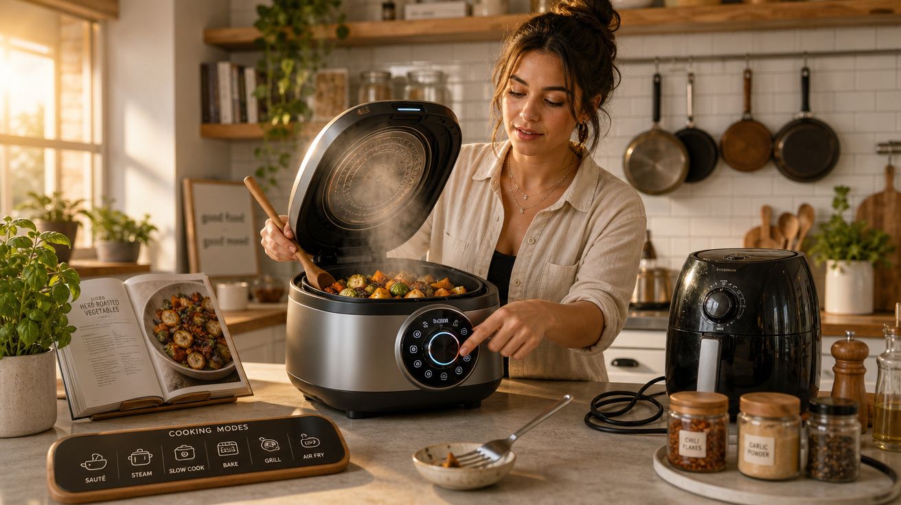 Mulher na cozinha a cozinhar legumes numa panela elétrica multifunções com vapor, olhando receitas num livro.
