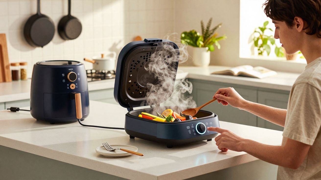 Pessoa a cozinhar legumes numa frigideira elétrica azul numa cozinha moderna.