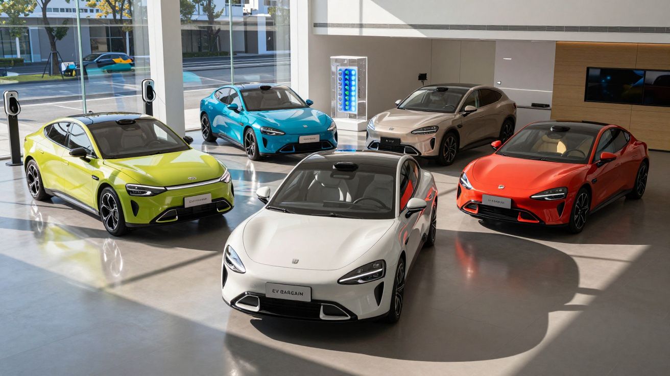 Cinco carros elétricos modernos em diferentes cores expostos numa sala luminosas com pontos de carregamento.