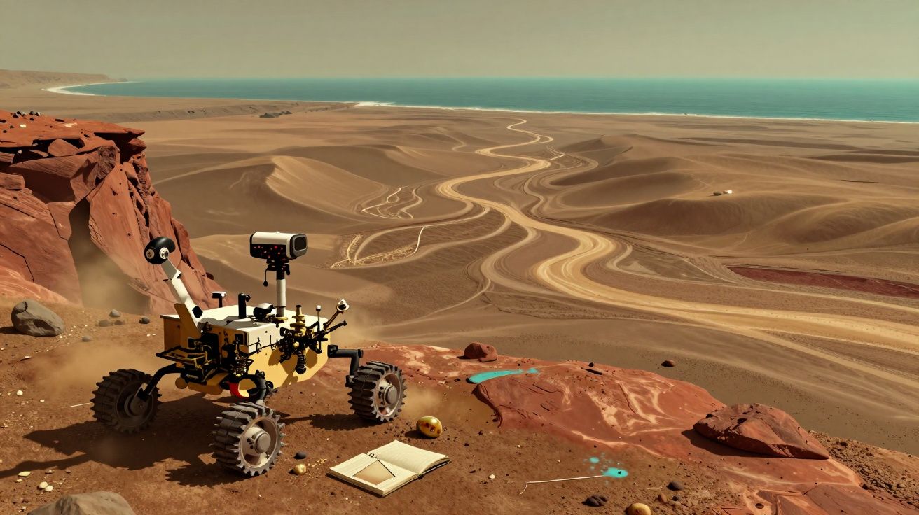 Rover exploratório numa paisagem desértica vermelha com cadernos e marcas no chão sob céu azul.