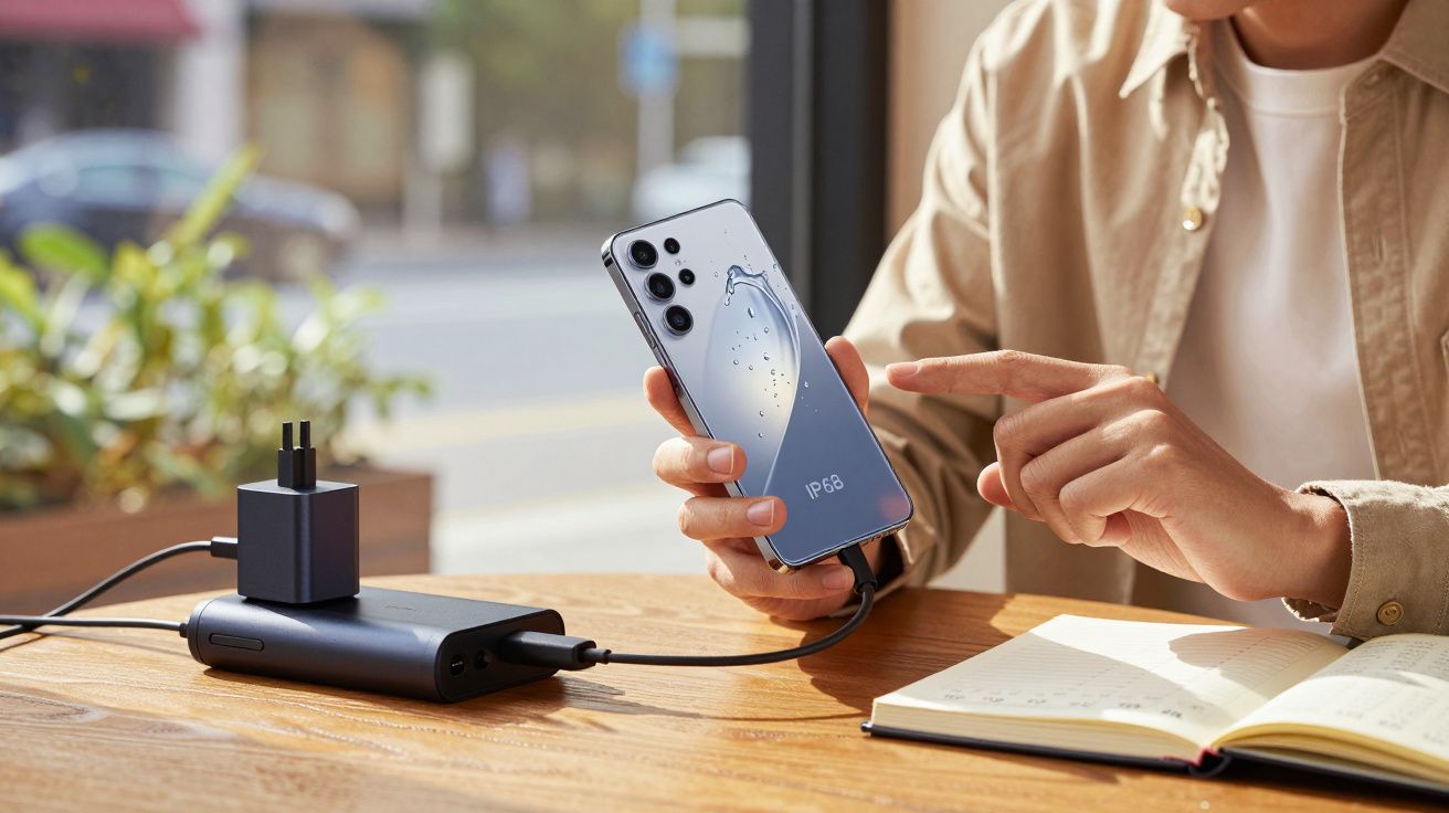 Pessoa a segurar telemóvel à prova de água ligado a power bank numa mesa com caderno aberto.