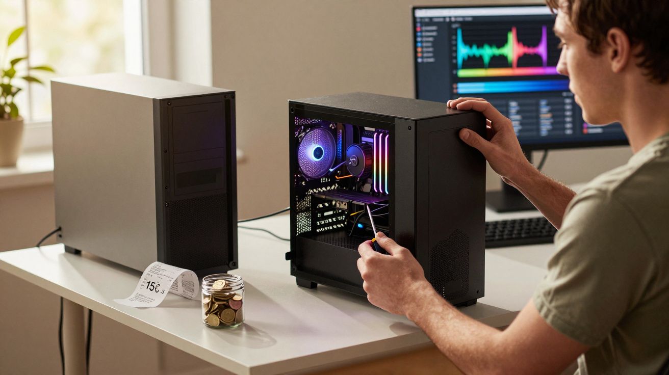 Homem a montar computador com ventoinha RGB numa mesa com jarro de moedas e outro computador fechado.