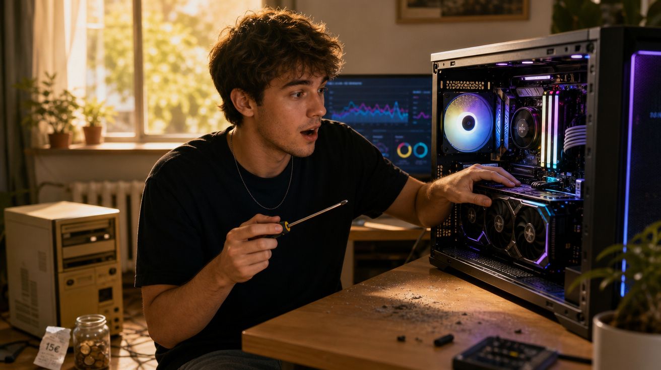 Homem surpreendido a montar ou reparar um computador de secretária com luzes RGB num escritório.
