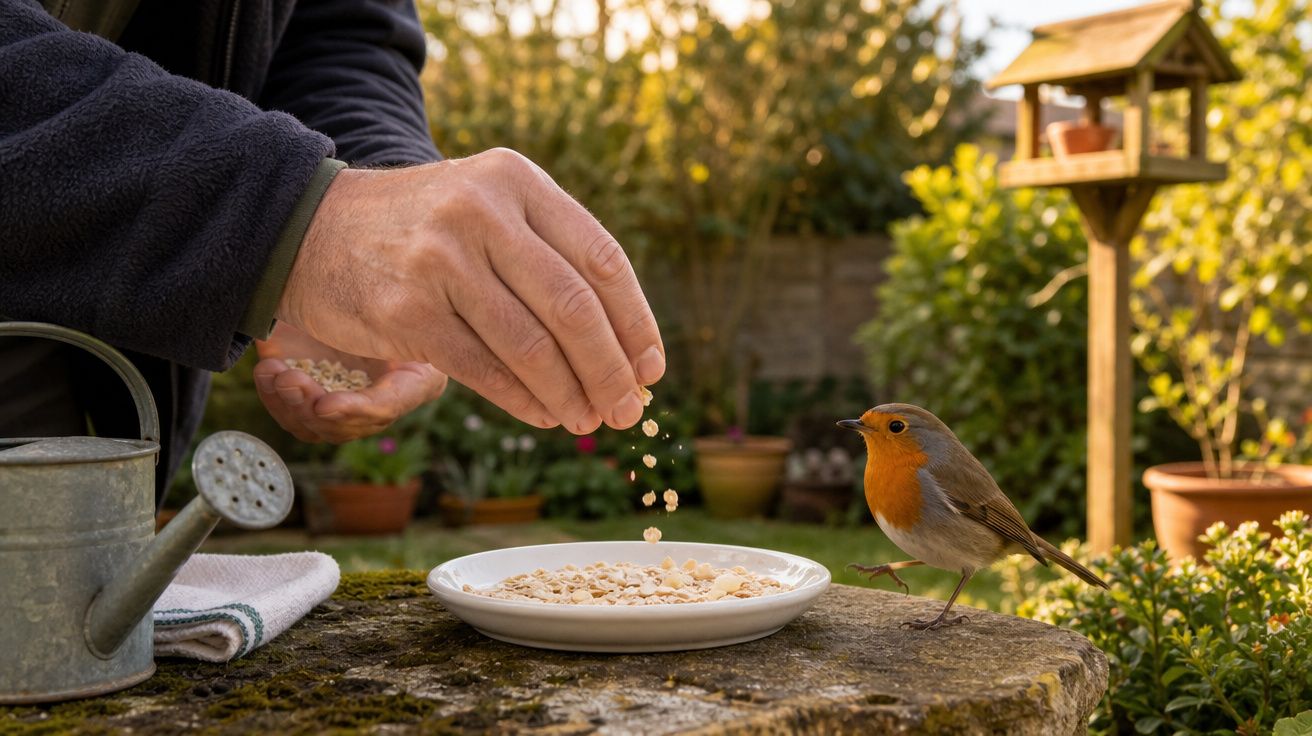 Mão humana a colocar comida num prato para um pintassilgo num jardim ensolarado com regador ao lado.