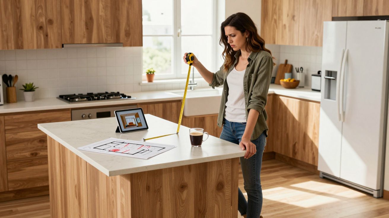Mulher a medir uma bancada de cozinha com fita métrica, com planta e tablet numa cozinha moderna.