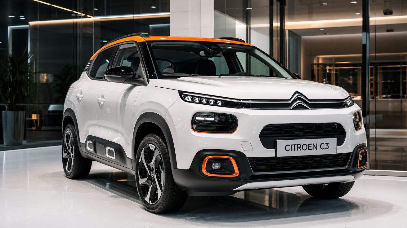 Carro Citroën C3 branco com detalhes laranja, exposto num showroom moderno e iluminado.