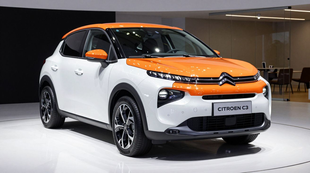 Citroën C3 branco com capô e espelhos laranja, apresentado num showroom moderno.