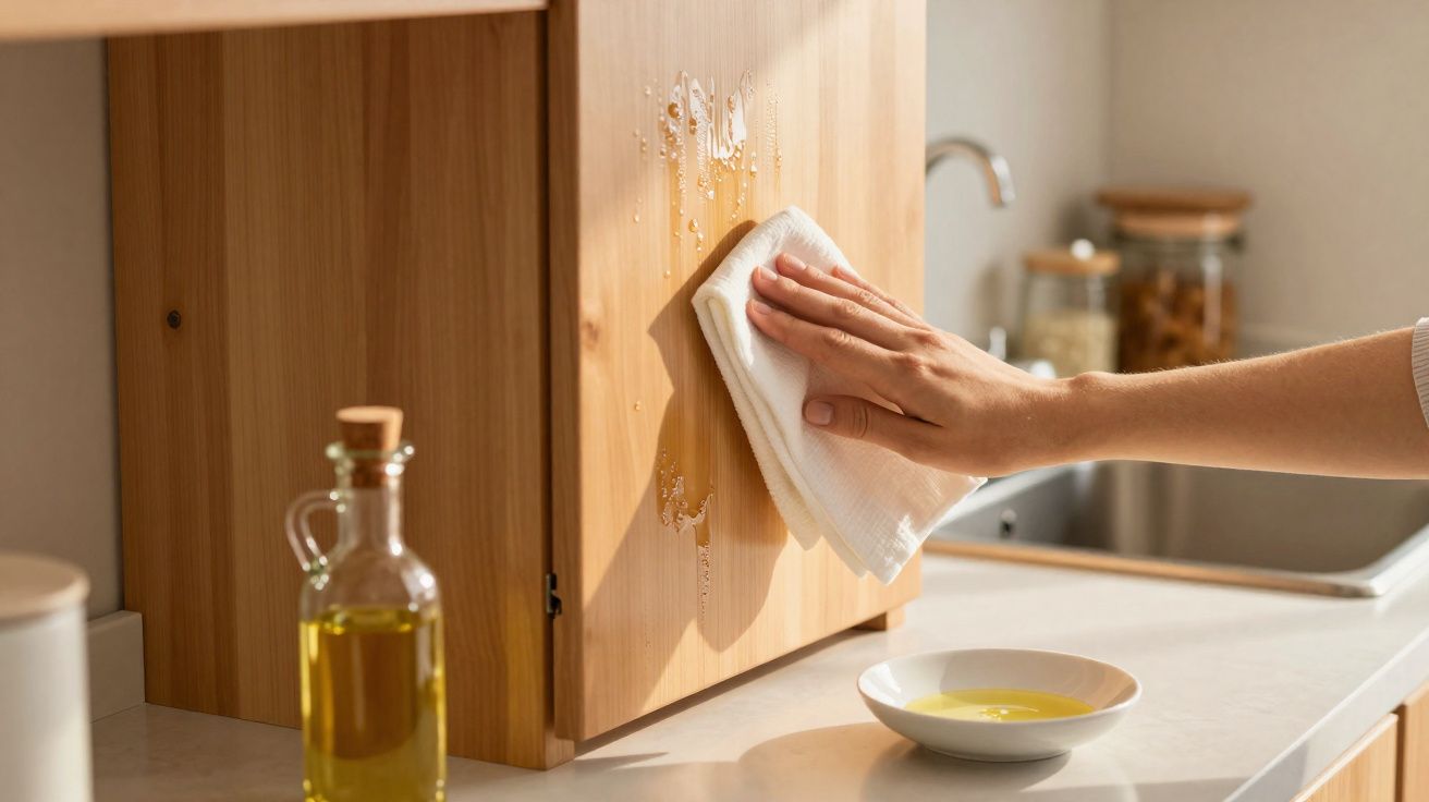 Pessoa a limpar porta de madeira na cozinha com pano branco, próximo de garrafa de óleo e prato com óleo.