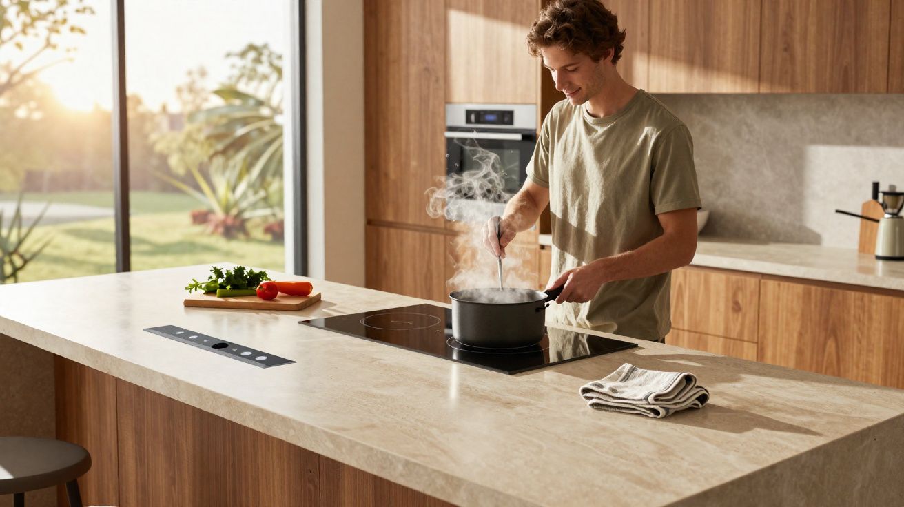 Homem jovem a cozinhar numa cozinha moderna com luz natural a cozinhar num tacho a vapor.
