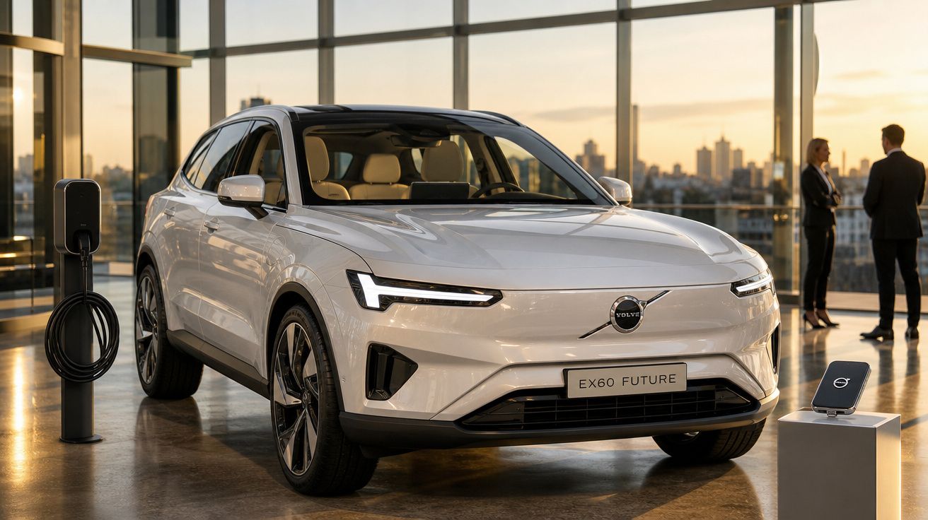Carro elétrico Volvo EX60 Future branco em exposição numa sala com vidros grandes ao entardecer.