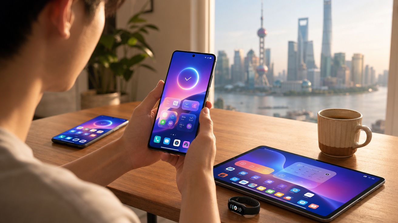 Pessoa a segurar smartphone com ecrã ligado, mesa com tablet, outro smartphone, smartband e vista urbana ao fundo.