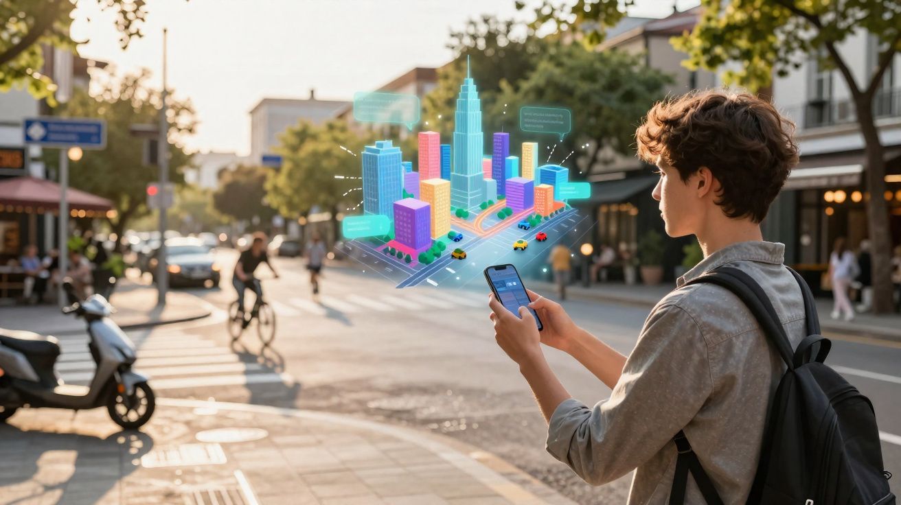 Jovem com mochila usa telemóvel numa rua da cidade, visualizando modelo digital 3D de arranha-céus coloridos.