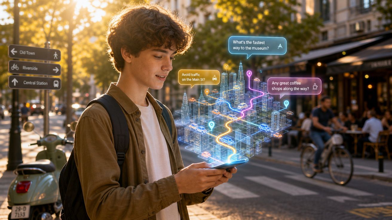 Jovem a usar smartphone com holograma de mapa 3D para navegação numa rua urbana movimentada ao pôr do sol.