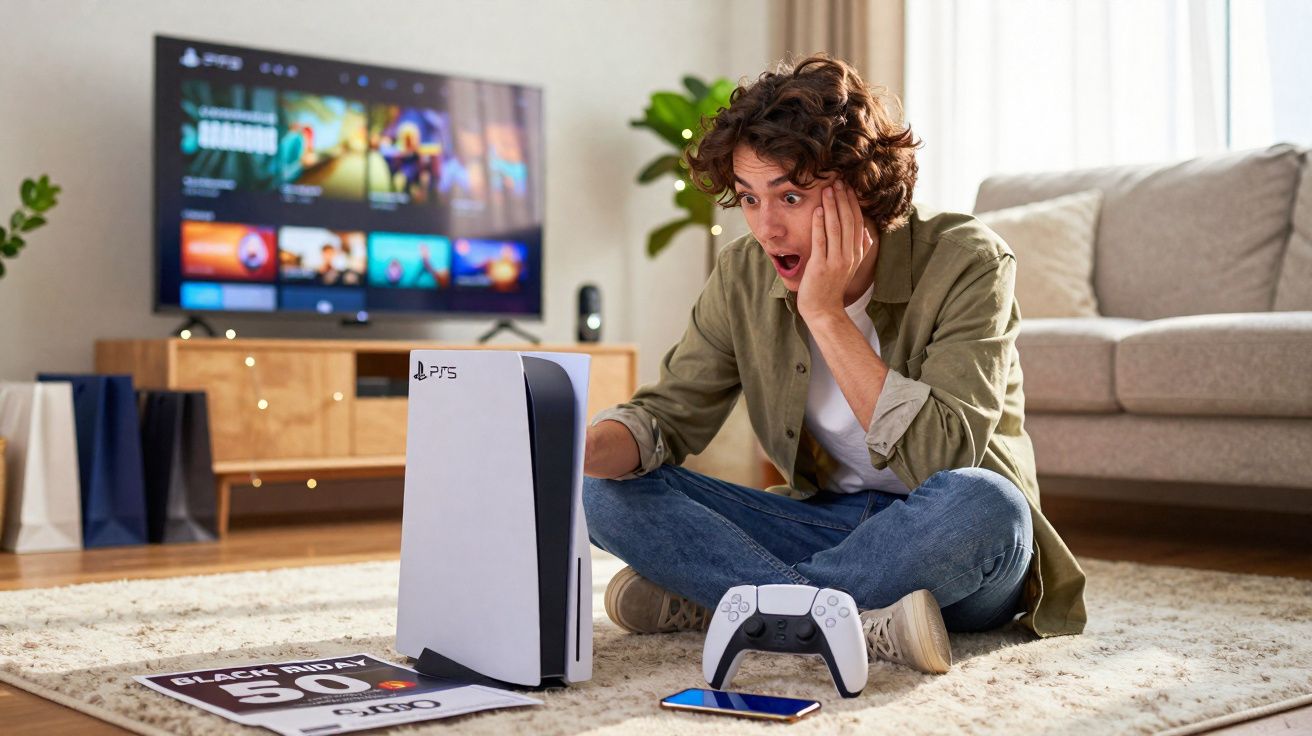 Jovem sentado no chão surpreendido com uma consola PlayStation 5 numa sala de estar moderna.