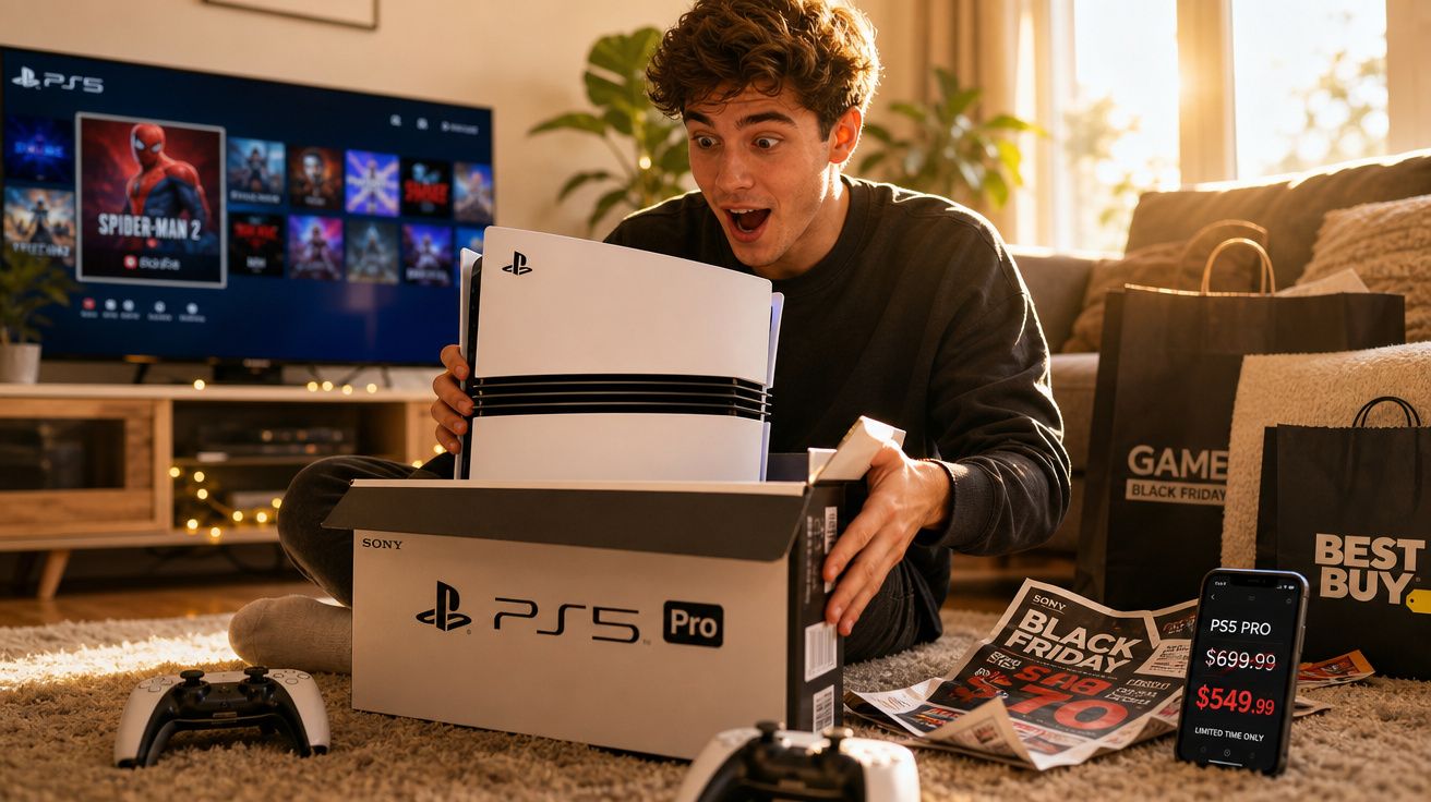 Jovem feliz a desembrulhar uma consola PS5 Pro em sala com TV da PS5 ao fundo e promoções de Black Friday.