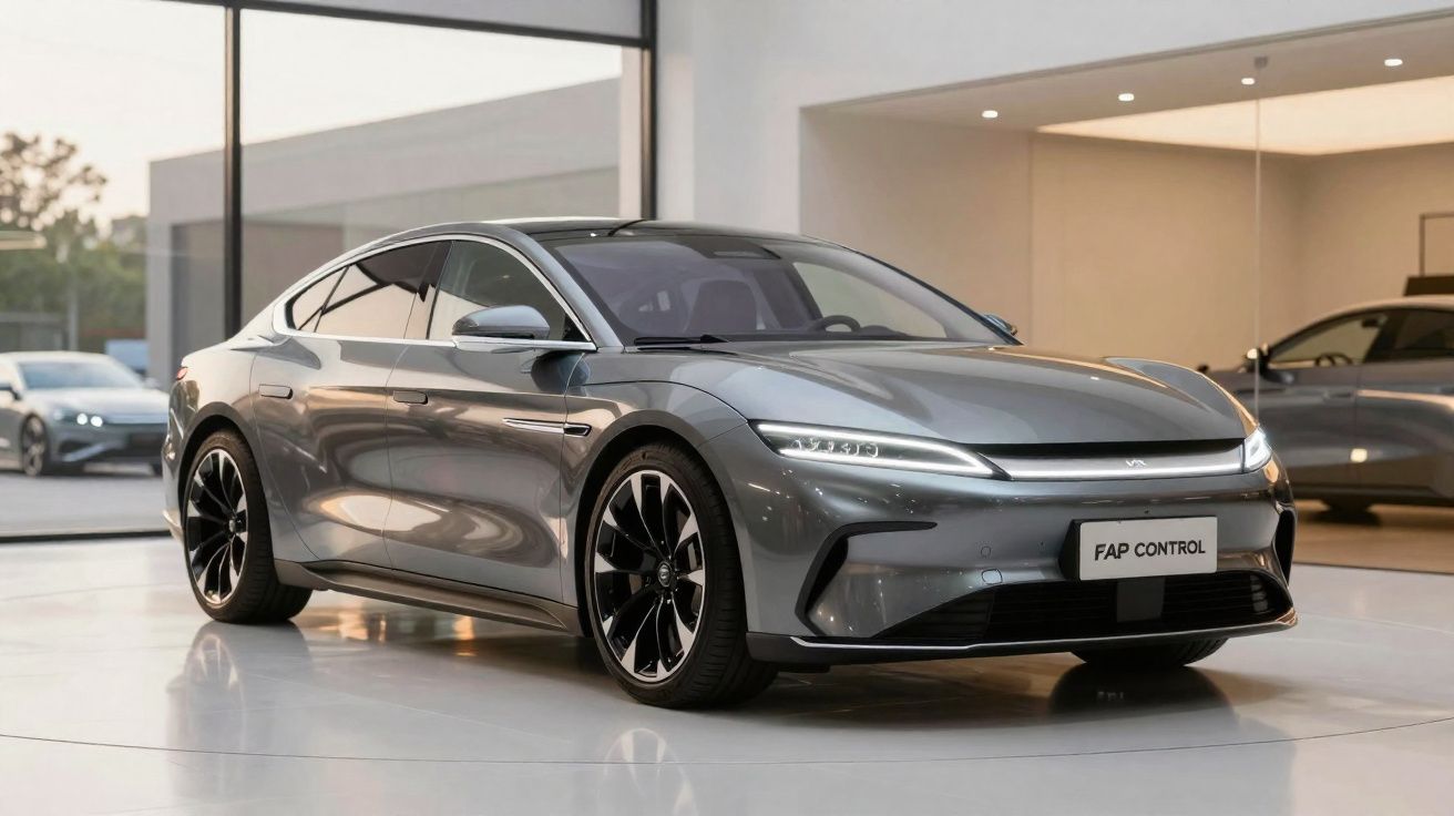 Carro elétrico cinza brilhante estacionado num showroom moderno com design aerodinâmico e faróis LED finos.