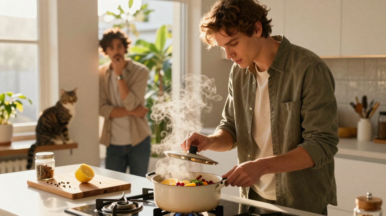 Jovem levanta tampa de panela a fumegar na cozinha, enquanto outra pessoa e um gato estão ao fundo.
