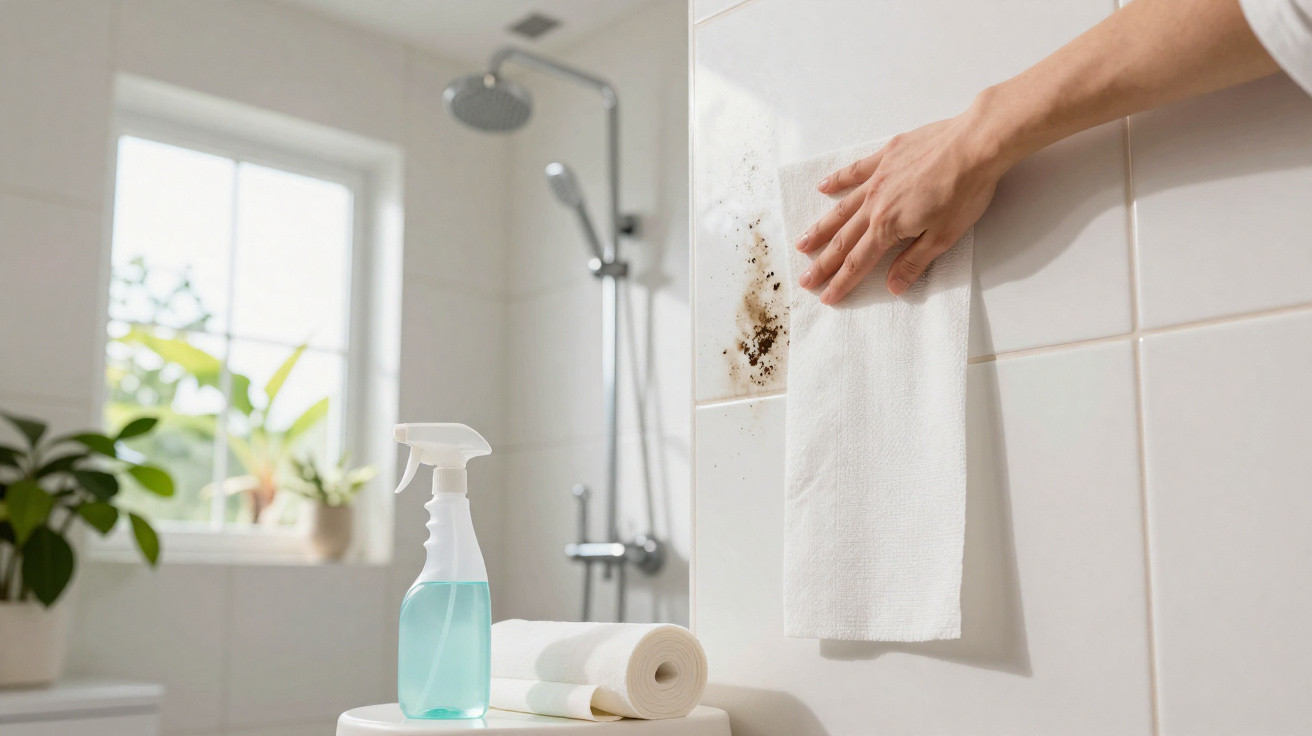 Mão a limpar manchas numa parede de azulejos branca com papel de cozinha no banheiro iluminado por janela.