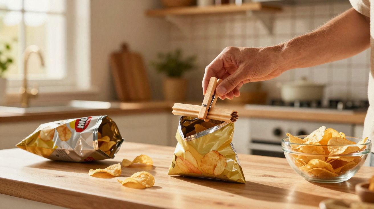 Mão a fechar pacote de batatas fritas com prendedor numa cozinha moderna, pacote e taça com batatas na bancada.