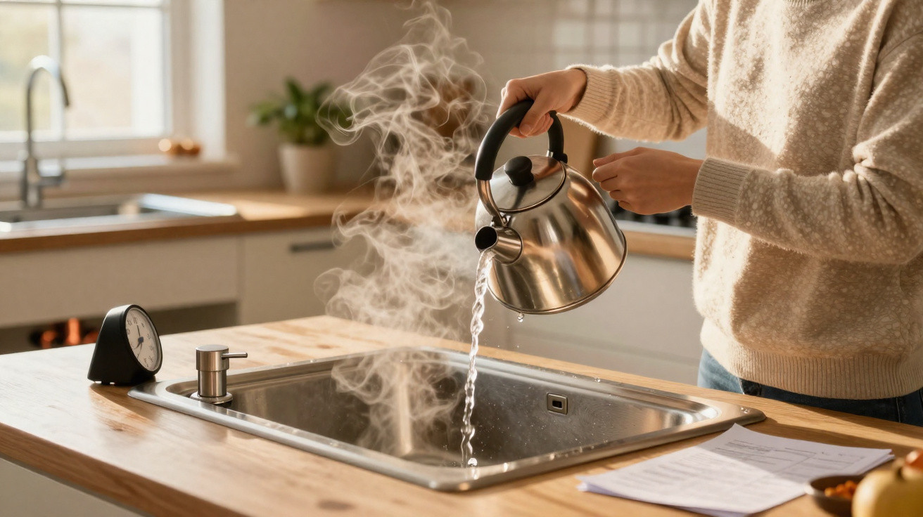Pessoa a despejar água quente de um bule num lava-loiças numa cozinha iluminada naturalmente com vapor a subir.