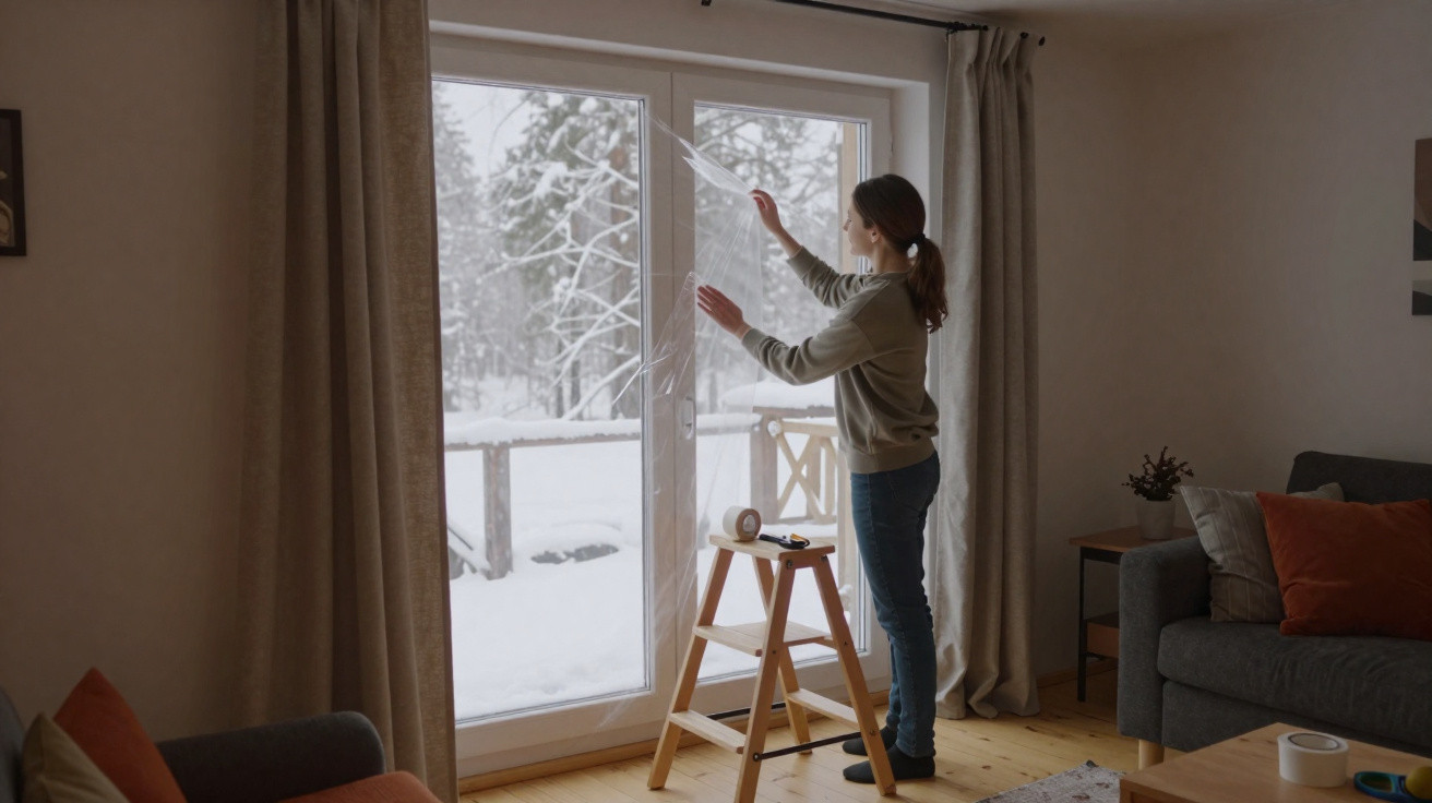 Mulher a aplicar película transparente numa porta de vidro com vista para paisagem de neve.
