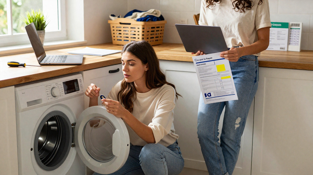 Duas mulheres a fazer uma reparação numa máquina de lavar roupa numa cozinha moderna.