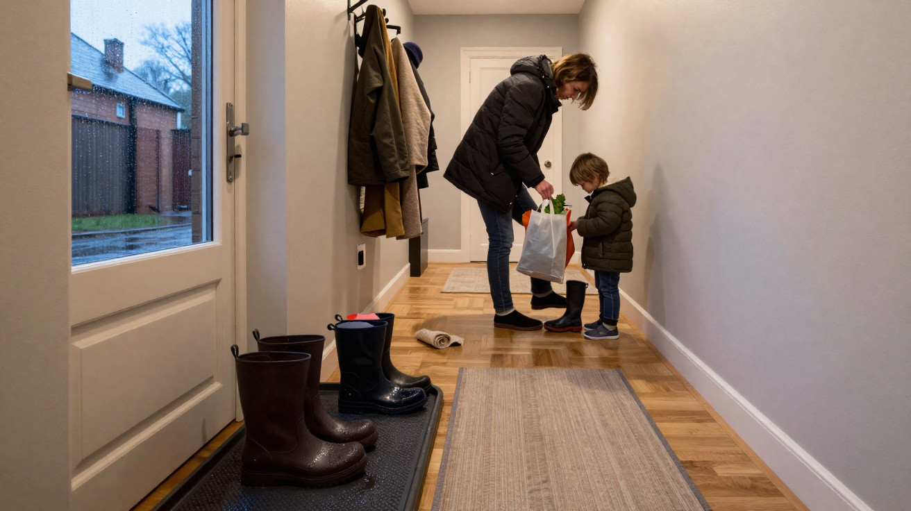 Mãe e filho de casacos, no corredor de casa, a tirar as botas e guardar saco com compras, em dia de chuva.