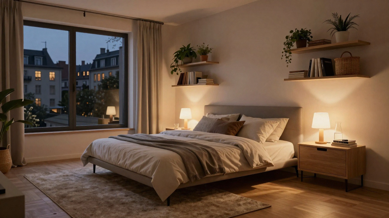 Quarto acolhedor com cama grande, luzes amareladas, plantas e janela a mostrar prédios ao anoitecer.