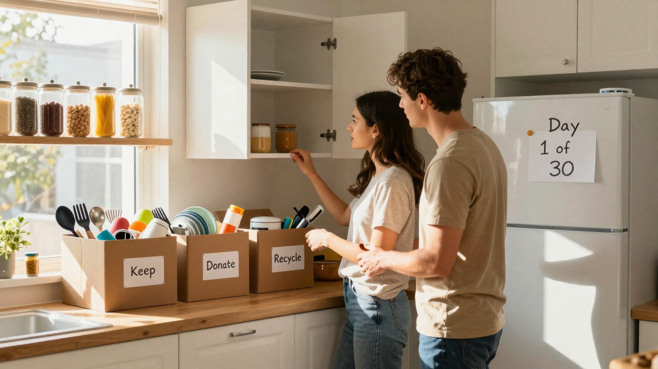 Casal a organizar utensílios de cozinha em caixas rotuladas para guardar, doar e reciclar, em dia de mudança.