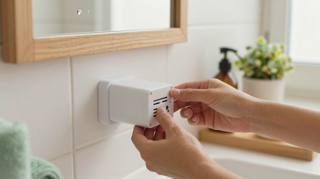 Mãos a colocar um purificador de ar branco numa tomada numa casa de banho com espelho e plantas.