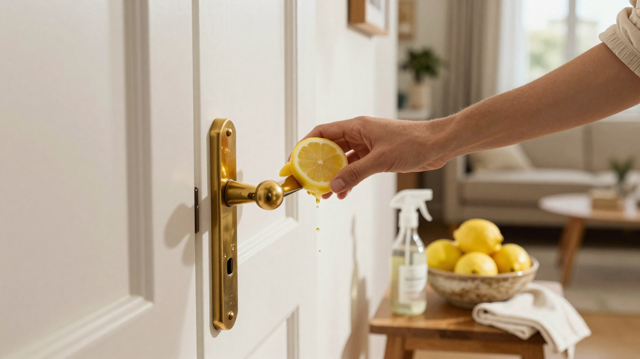 Pessoa a espremer limão na maçaneta de porta para desinfetar, com frasco de spray e limões ao fundo.