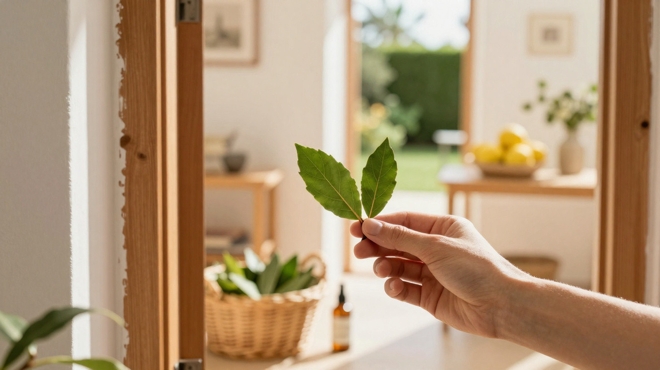 Mão a segurar folhas verdes em sala com decoração natural e luz natural a entrar pela porta aberta.