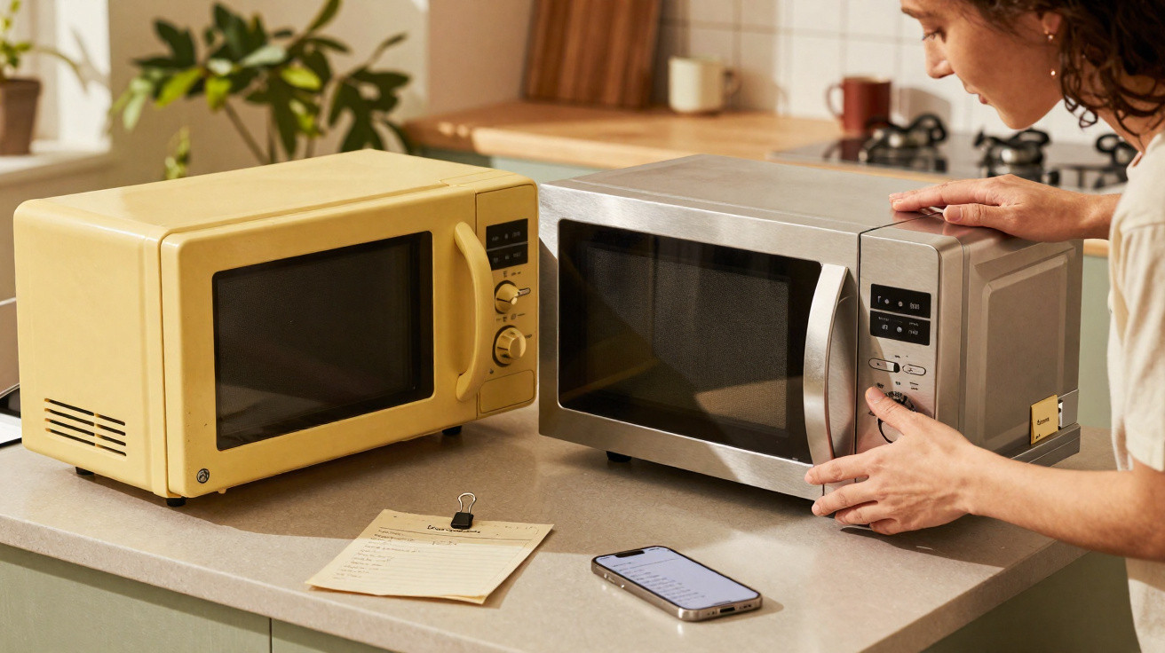 Mulher ajusta micro-ondas metálico ao lado de micro-ondas amarelo numa bancada de cozinha.