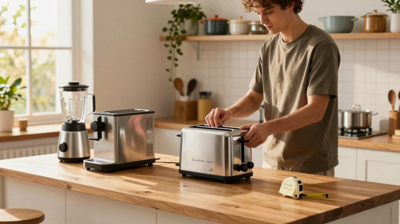 Jovem a preparar uma fatia de pão numa torradeira numa cozinha moderna com balcão em madeira.