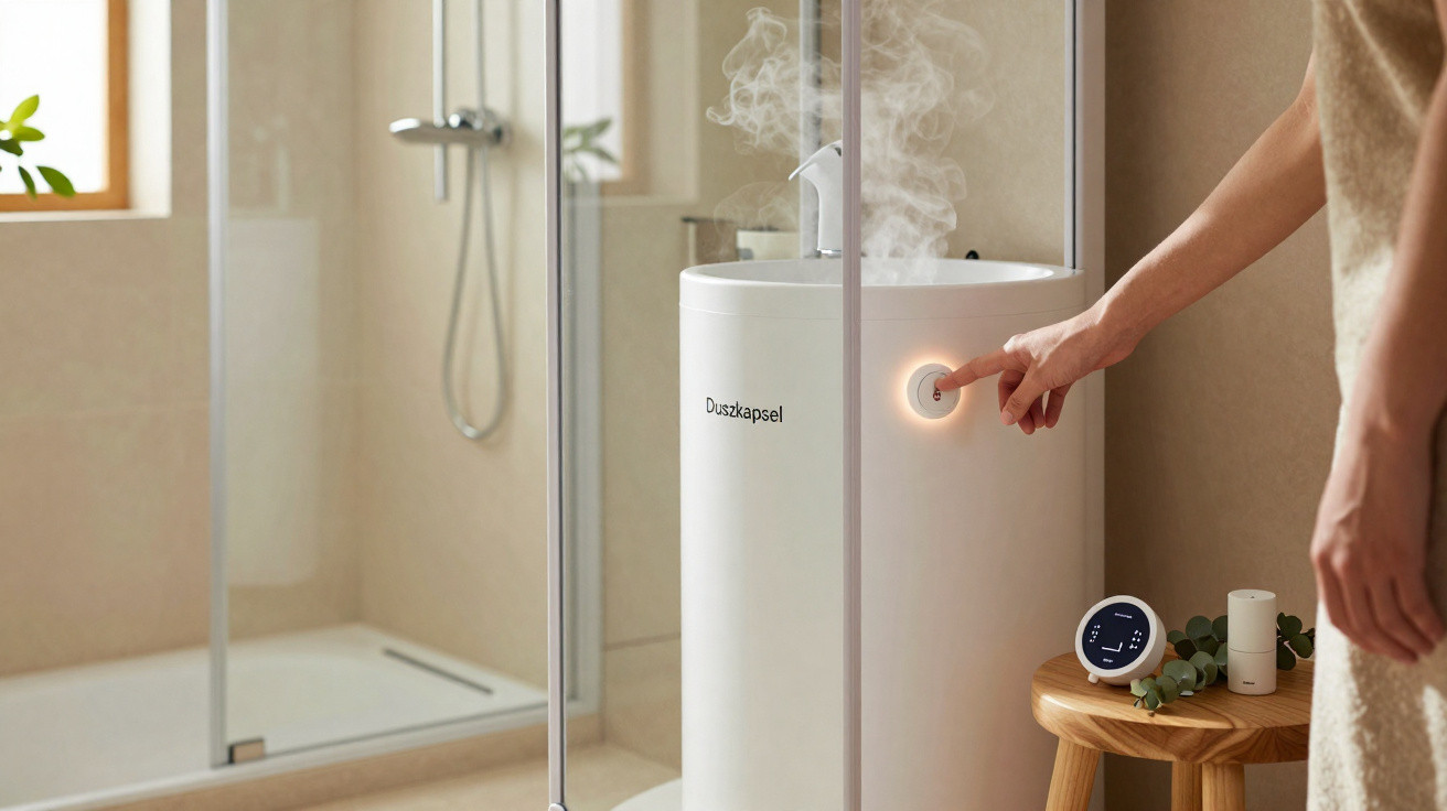 Pessoa a pressionar botão de gerador de vapor na casa de banho moderna com chuveiro ao fundo.