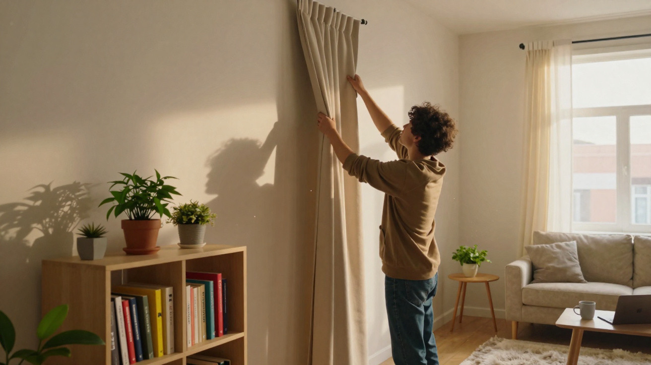 Pessoa a abrir cortinas num quarto iluminado, com estante de livros, plantas e sofá cinza.