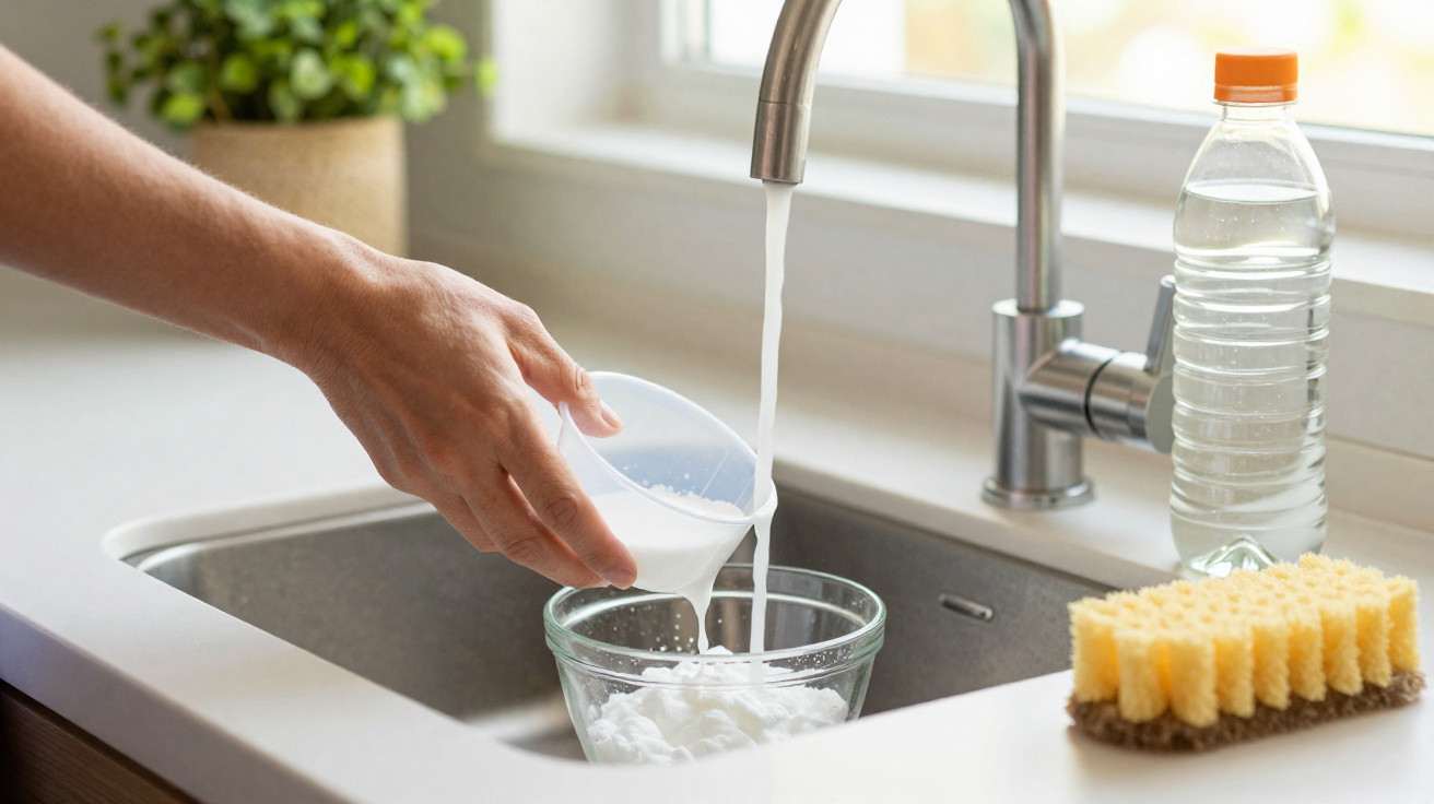 Mão a despejar líquido branco de um copo para uma taça de vidro numa pia de cozinha com torneira aberta.