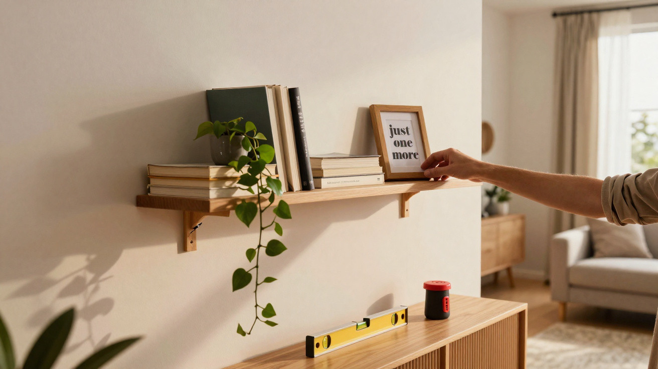 Prateleira de madeira com livros, planta pendente e moldura, mão a colocar a moldura numa sala com luz natural.