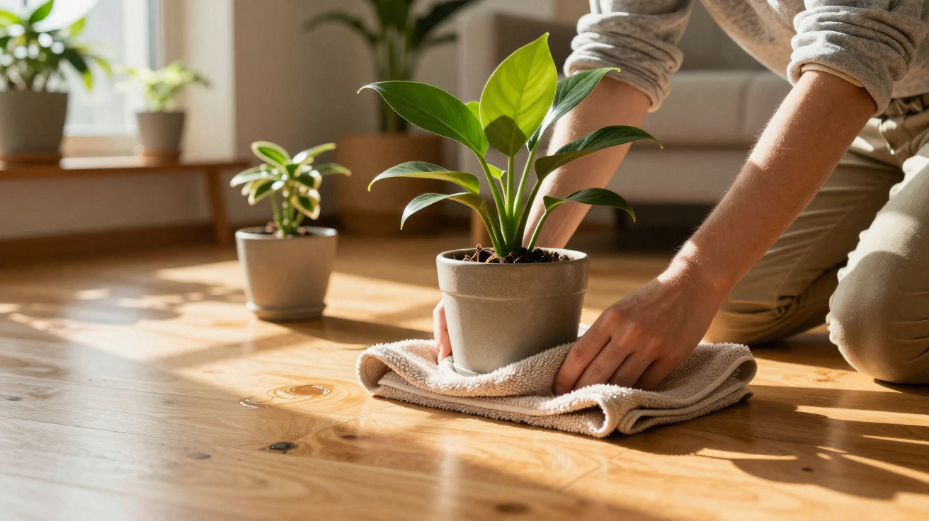Pessoa a limpar vaso com planta em chão de madeira numa sala iluminada pelo sol.