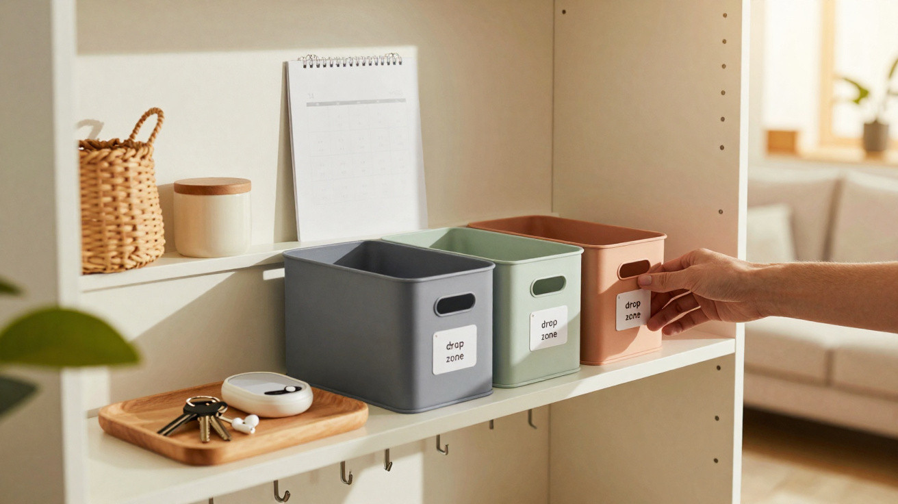 Mão a colocar caixa de organização cor de rosa numa prateleira com caixas cinza e verde e calendário.
