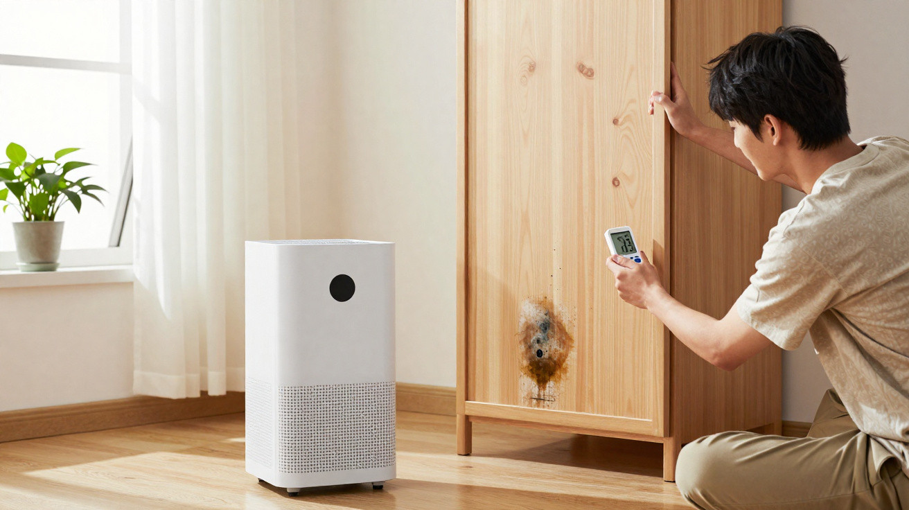Homem mede humidade perto de móvel de madeira com mofo, ao lado de purificador de ar branco numa sala iluminada.