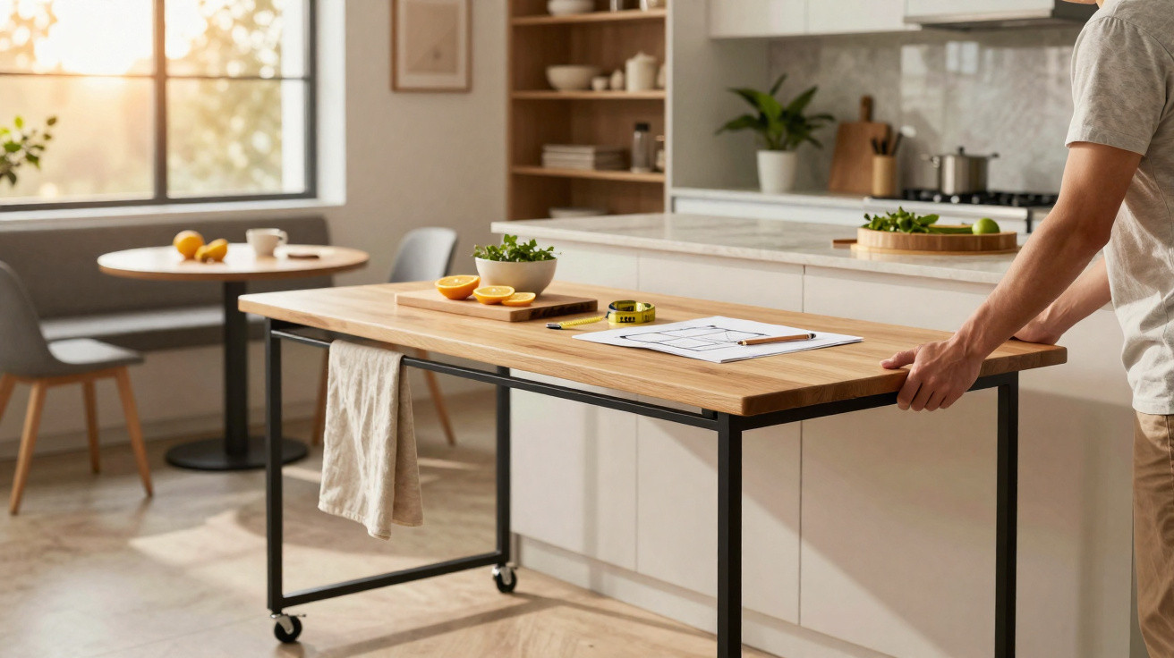 Cozinha moderna com mesa móvel em madeira, frutas, plantas e pessoa a empurrar a mesa.