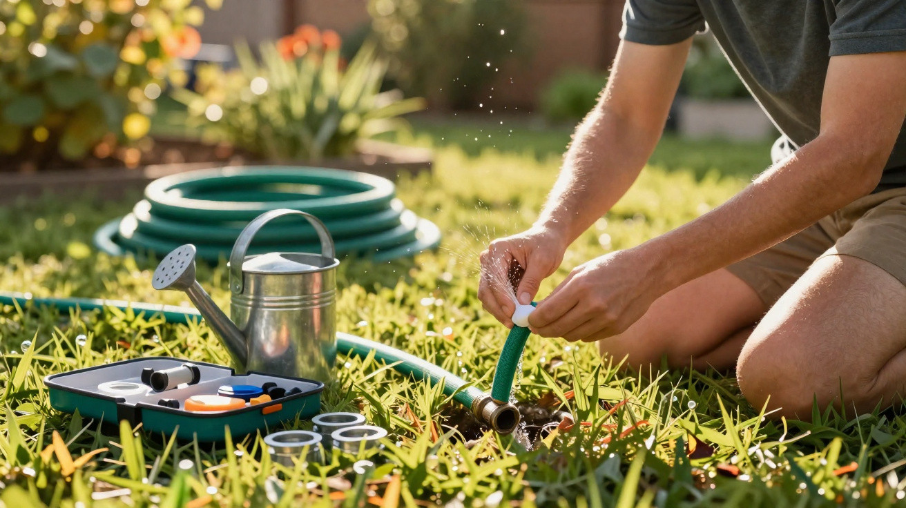 Pessoa a instalar uma mangueira de jardim na relva, com regador e ferramentas ao lado, em ambiente exterior.