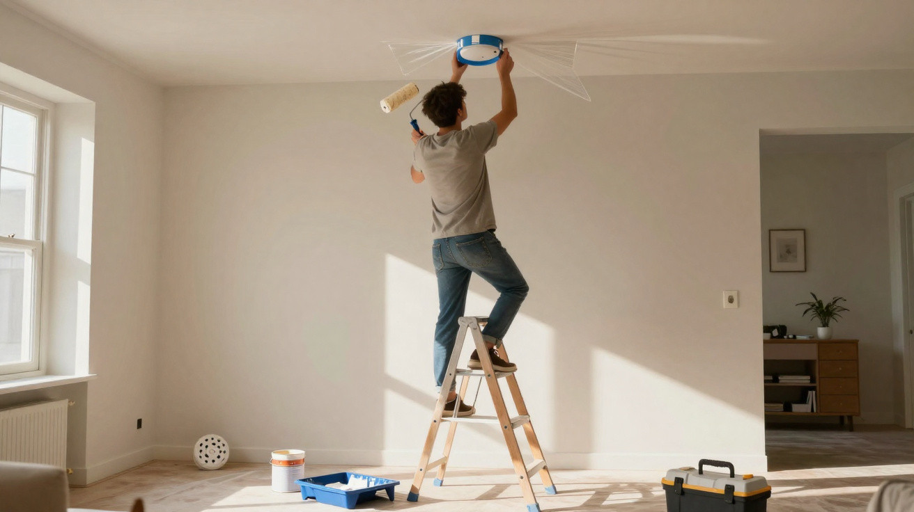 Homem em escada a instalar candeeiro no tecto de sala moderna e luminosa com ferramentas no chão.