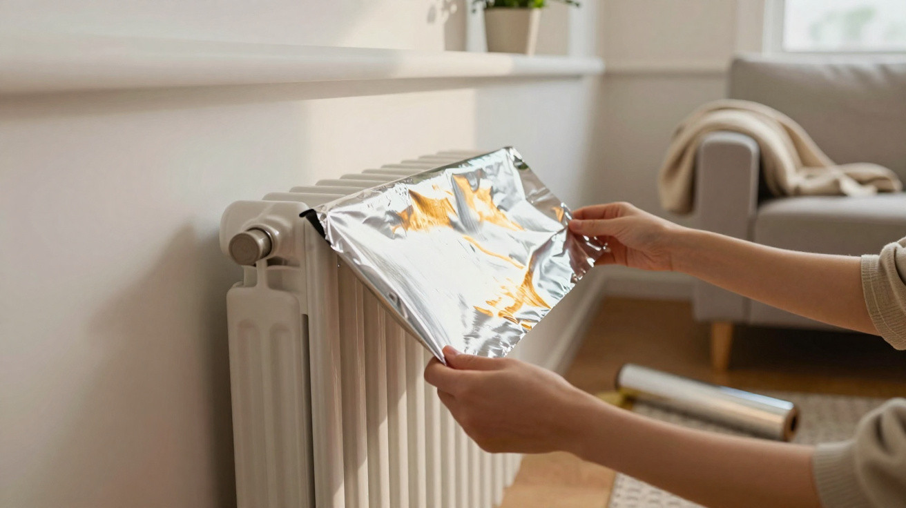 Pessoas a colocar folha de alumínio atrás de radiador para refletir o calor e aumentar a eficiência.